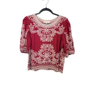 Solitaire Red Embroidered Boho Top With 3/4 Sleeves Womens S 2517